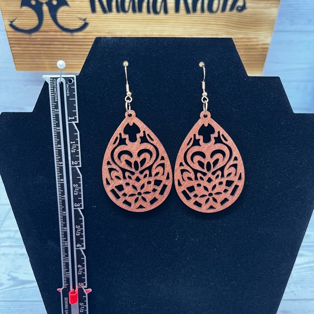 Laser carved wood Teardrop Earrings - Picture 2 of 2